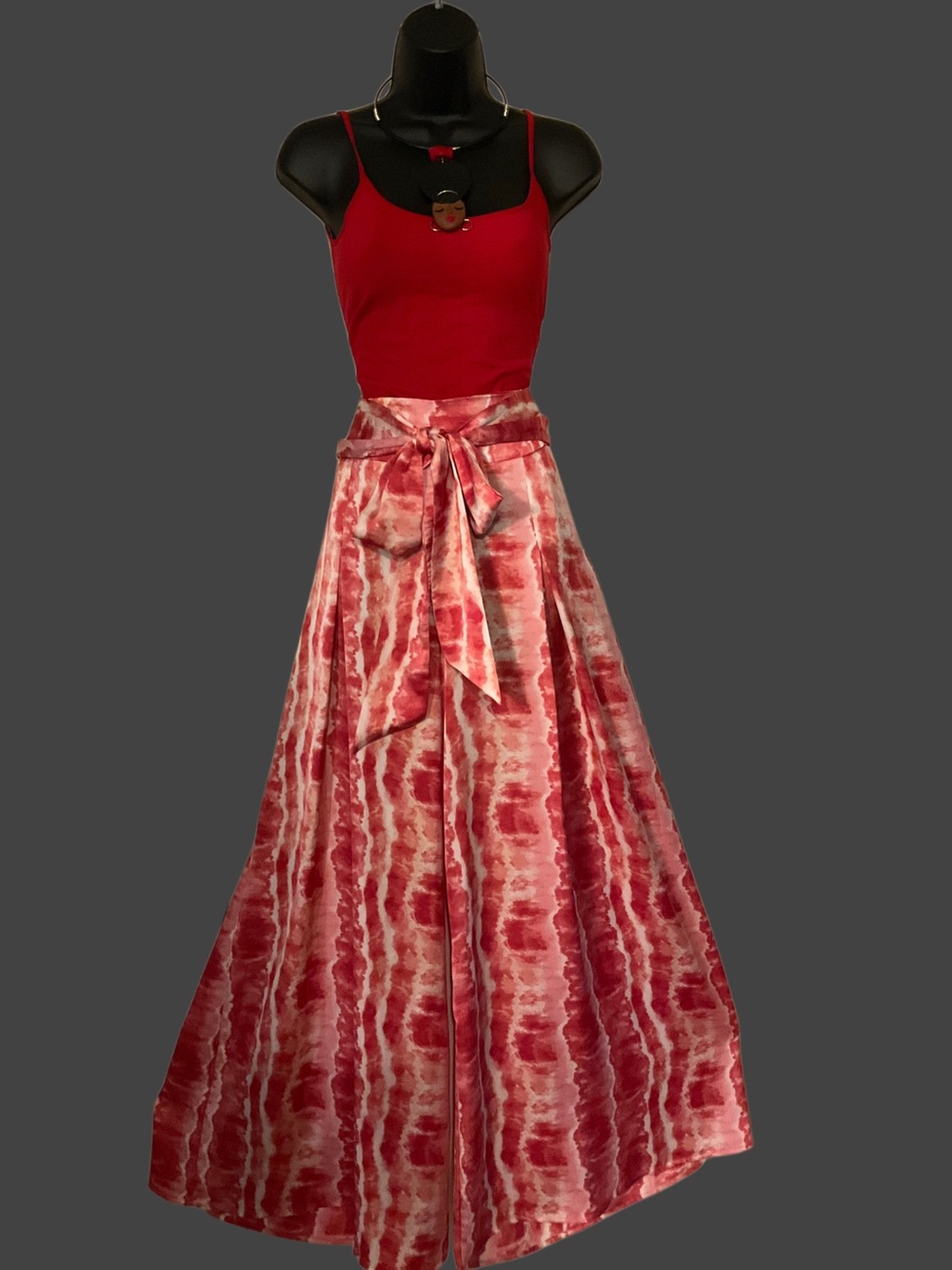 Coco Bianco Red and White Side Zip Tie-Waist Palazzo Pants